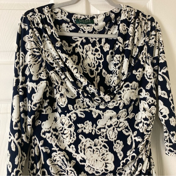 Lauren Ralph Lauren Dress  8 Black White Floral Ruched Career Faux Wrap 3/4 Slv - Picture 5 of 16